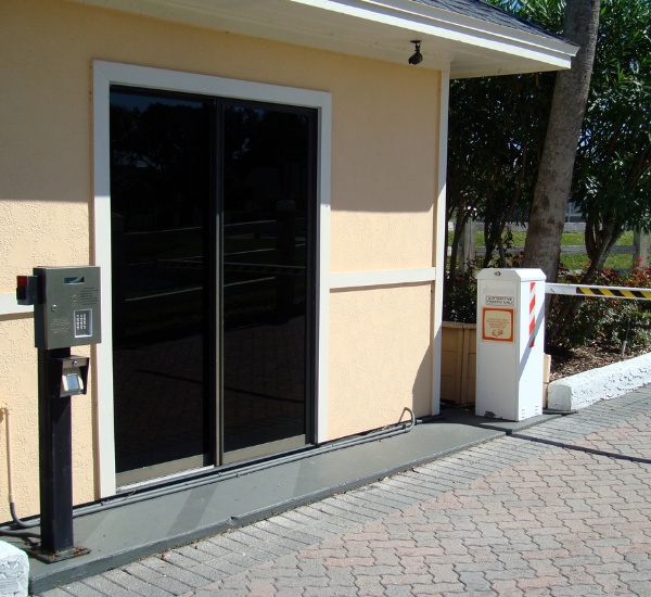 Access control keypad and card reader at a gated Calabasas community entrance