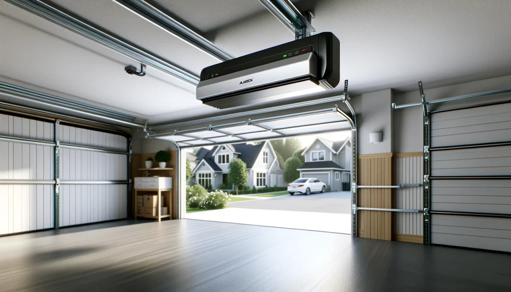 A newly installed automatic garage door opener in a modern residential garage, showing a sleek design with the door partially open to a suburban neighborhood.