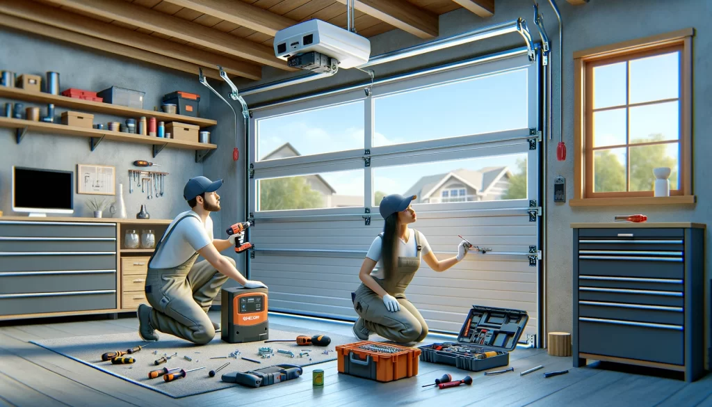 Two technicians, a Caucasian male and a Hispanic female, installing an automatic garage door opener in a residential garage.