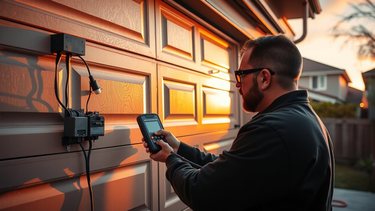 Technician examining malfunctioning garage door in Pasadena during sunset.